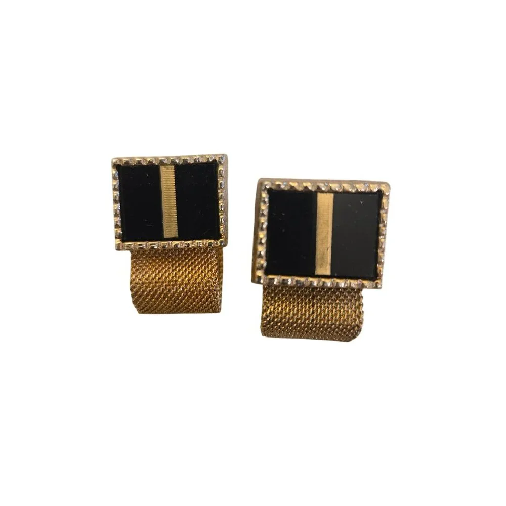 Vintage Gold Mesh Wrap Cufflinks Black Lucite Enamel Mid Century  1950s to 1970s
